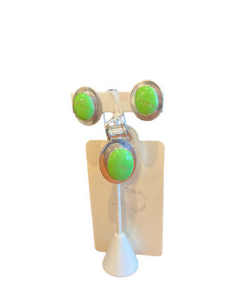 Vintage Set  of Sterling Apple Green Turquoise Pendant and Earrings