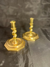 Load image into Gallery viewer, Antique Pair of Spanish Twisted Barley Brass Candlesticks
