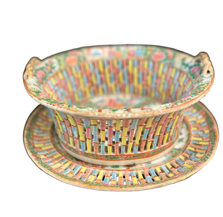 Reticulated Antique Rose Medallion Porcelain Bowl and Plate