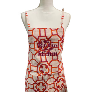 "No Bitchin In My Kitchen" Embroidered Caspari Pink/Orange Garden Trellis Apron