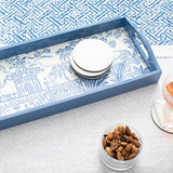 Pagoda Toile Lacquer Bar Tray in Blue