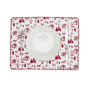Set of 4 Winter Toile Placemats with Pom Pom Trim