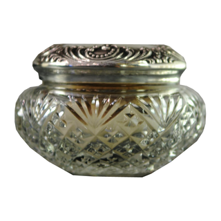 Antique American Sterling Silver And Cut Glass Vanity Jar With Bone and Down Powder Puff - Chestnut Lane Antiques & Interiors - 1