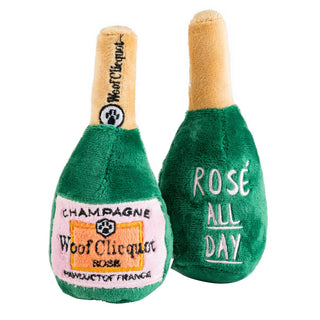 Woof Clicquot Rose' Champagne Bottle Squeaker Dog Toy.