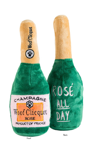 Woof Clicquot Rose' Champagne Bottle Squeaker Dog Toy.