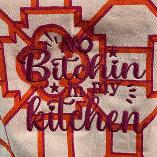 "No Bitchin In My Kitchen" Embroidered Caspari Pink/Orange Garden Trellis Apron