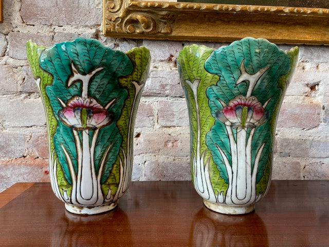 Pair Chinese Famille Cabbage Leaf Bok Choy and Butterfly Vases