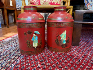 Pair Antique Toile Tea Canisters