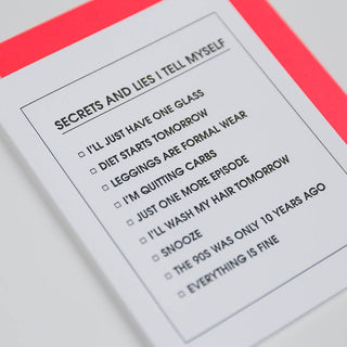 Secrets and Lies Checklist Letterpress Greeting Card.