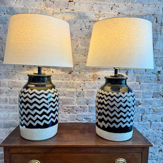 Black and White Zig Zag Pottery Pair Of Lamps