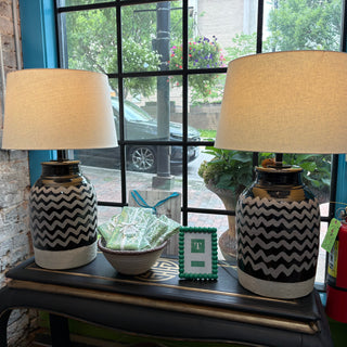 Black and White Zig Zag Pottery Pair Of Lamps