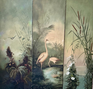 Antique Triptych of Flamingos In Tropical Landscape.