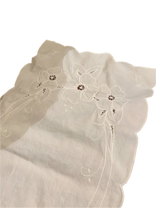 Vintage Embroidered White Cotton Table Runner.