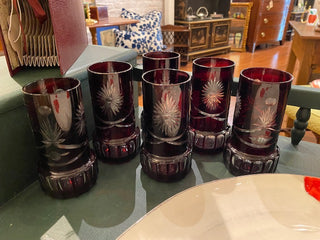 Set of Six Bohemian Ruby Red Lemonade Glasses.