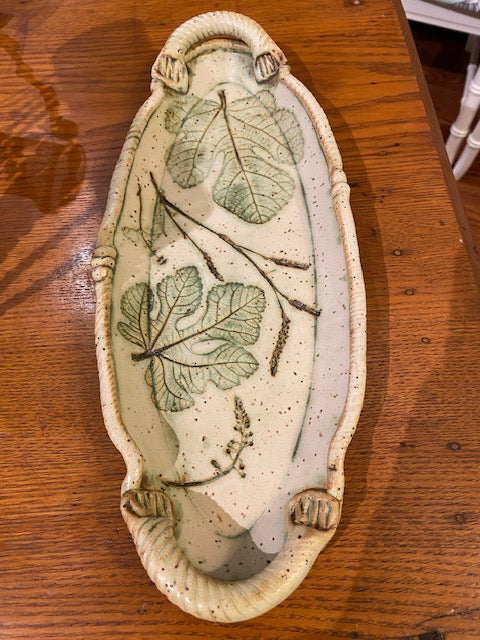 Medium Pottery Oval Platter with Botanical Inlay