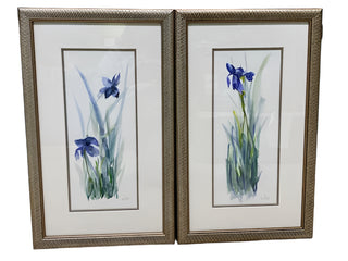 Pair Blue Iris Original Watercolor By Terri Hall