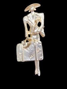 Vintage Gold Tone Lady Traveler Brooch
