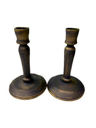 Pair Vintage Wood Turned Candlesticks Annie Sloan Oxford Navy & Gilded