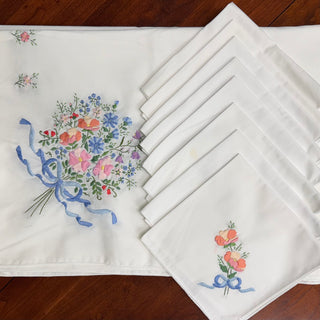 Vintage Set of Floral Embroidered Tablecloth with 8 napkins