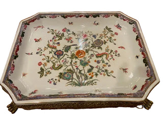 Vintage Porcelain and Brass Chinoiserie Tray