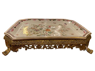 Vintage Porcelain and Brass Chinoiserie Tray