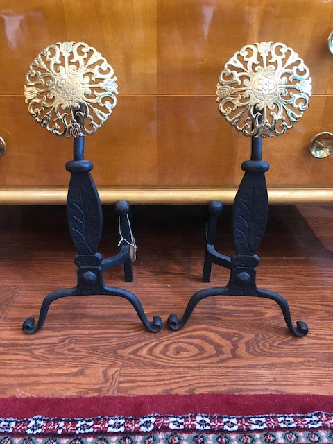 Virginia Metalcrafters  Iron and Brass Medallion Andirons