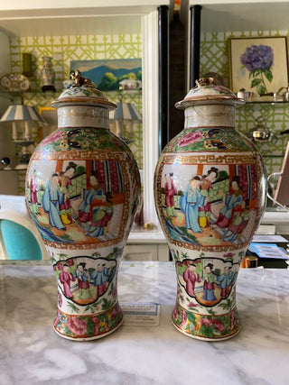 Pair of Rose Medallion Vases with Lids