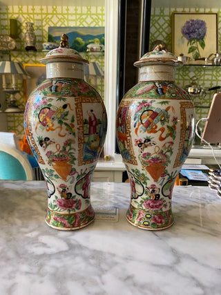 Pair of Rose Medallion Vases with Lids
