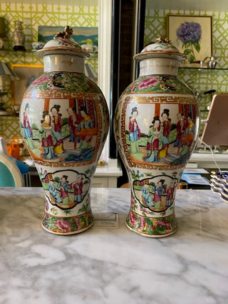 Pair of Rose Medallion Vases with Lids