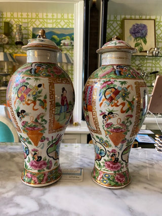 Pair of Rose Medallion Vases with Lids