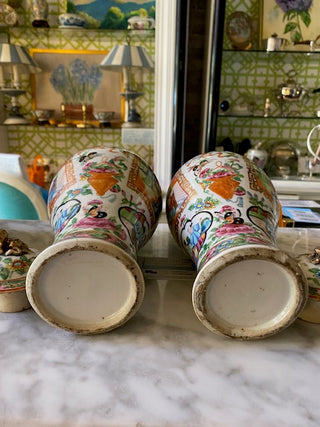 Pair of Rose Medallion Vases with Lids