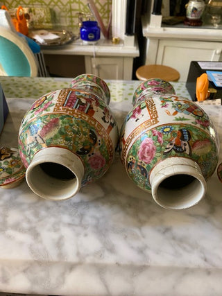 Pair of Rose Medallion Vases with Lids
