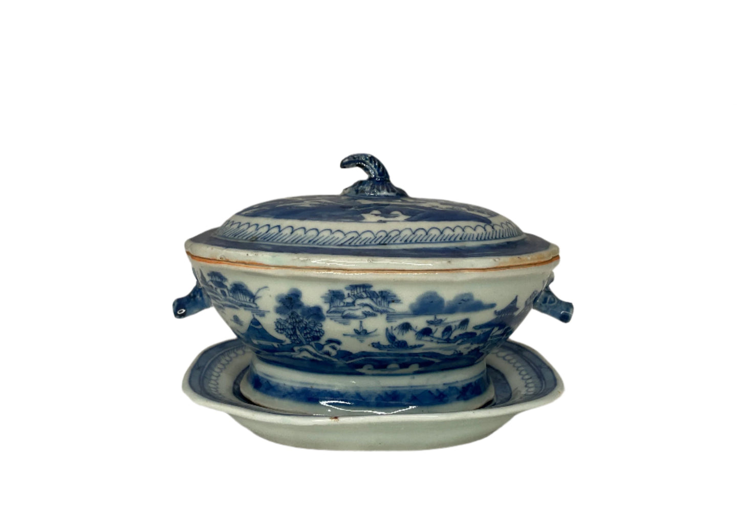 Antique Chinese blue canton small tureen/gravy boat with under plate