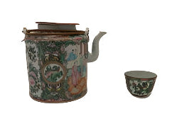 Rose Medallion Teapot with Basket and Teacup