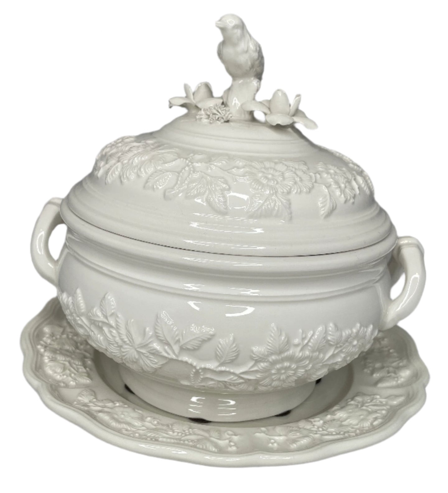 Mottahedeh Creamware Sauce Tureen with Bird and Baseplate