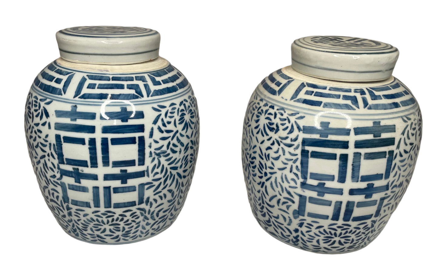 Pair Of Vintage Blue and White Chinese Happiness Jars