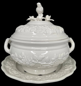 Mottahedeh Creamware Sauce Tureen with Bird and Baseplate