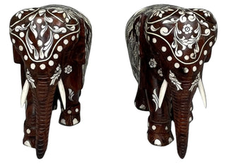 Pair of Vintage Bone Inlaid Rosewood Elephants