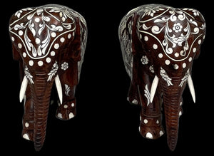 Pair of Vintage Bone Inlaid Rosewood Elephants