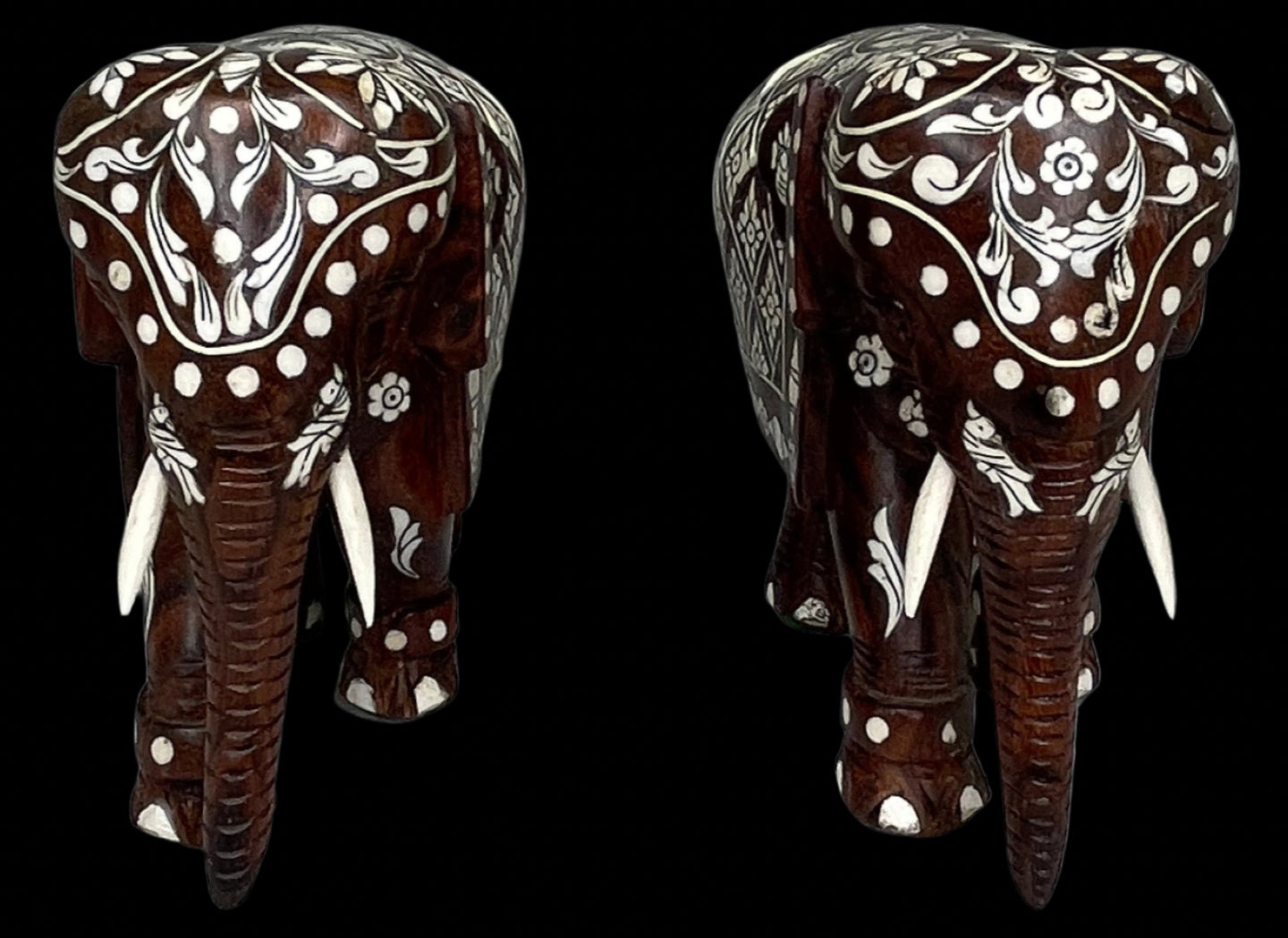 Pair of Vintage Bone Inlaid Rosewood Elephants