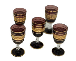 Vintage set of 5 Aubergine with Gold Accent Cordials
