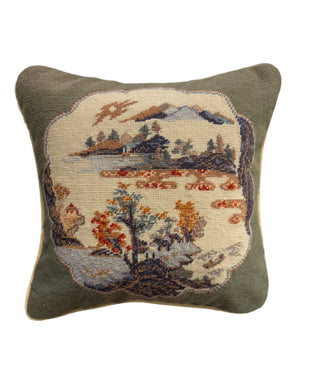 Vintage Needlepoint Pillowcase with Landscape Design