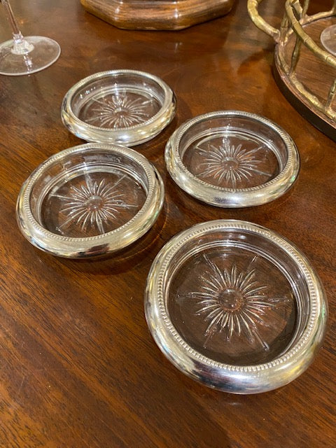 Set of Four Silver and Cut Glass Coasters
