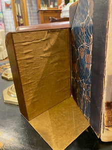 Vintage Pair Brown Leather And Gilt Bookends