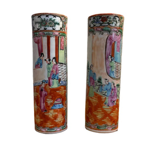 Pair of Rose Medallion Cylinder Vases