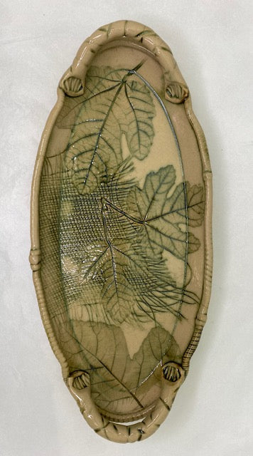 Large Pottery Oval Platter/tray with Botanical Inlay