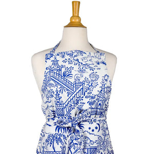 Caspari Pagoda Toile Fabric Apron Blue and White