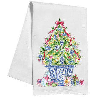 Christmas Tree with Blue Chinoiserie Ornaments Kitchen Towel.