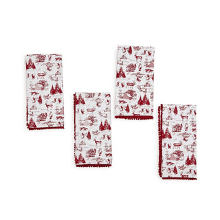 Set of 4 Winter Toile Napkins with Pom Pom Trim