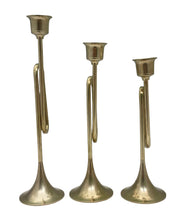 Load image into Gallery viewer, Set of 3 Vintage Brass Trumpet Candle Stick Holders
